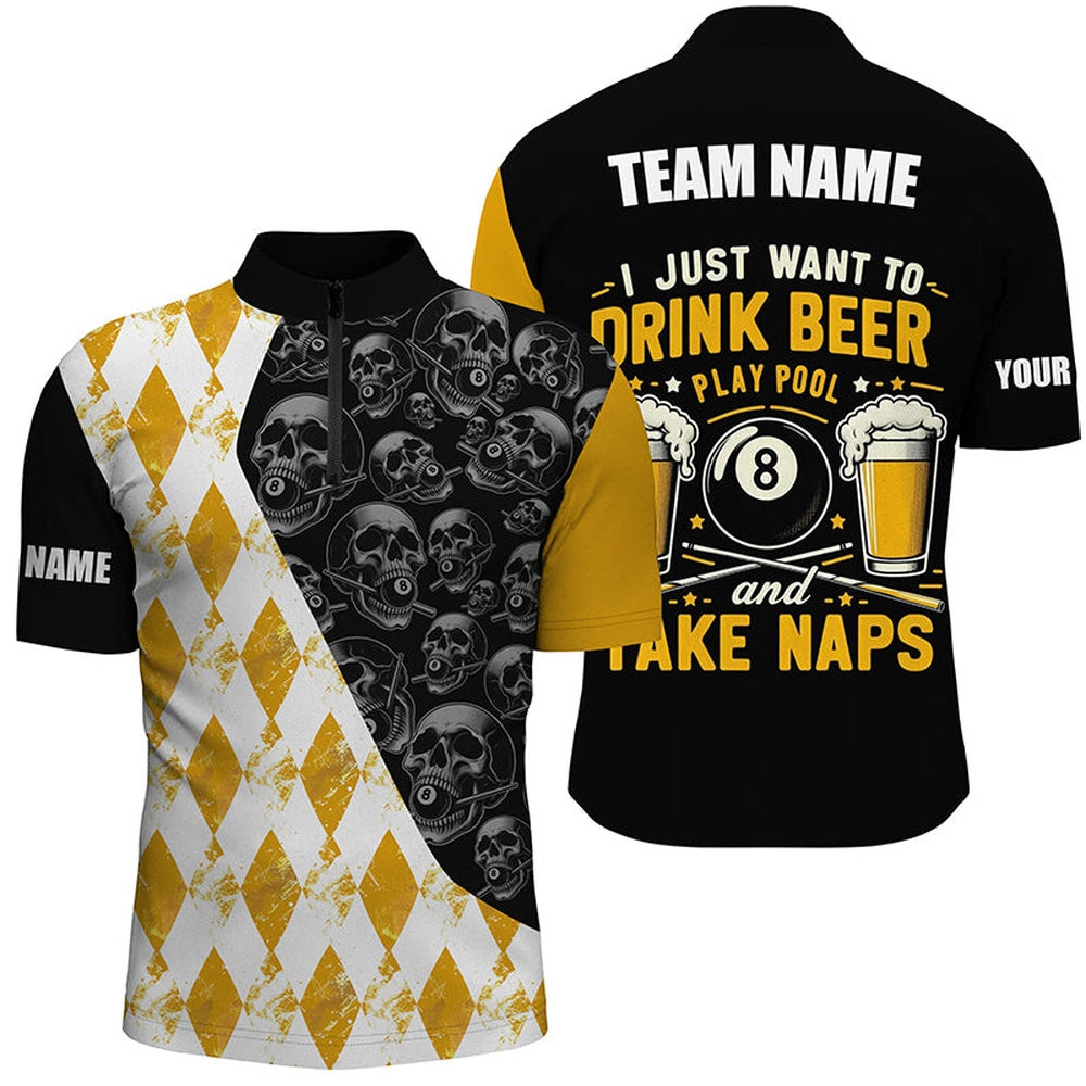 Billiard Polo Shirts, I Just Want To Drink Beer Billiard Shirt Custom Yellow Argyle Skull Pattern Billiard Jersey, Billiards Team Shirts