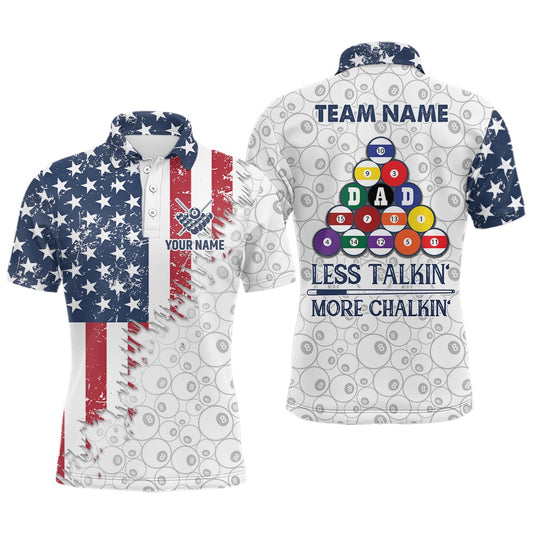 Billiard Polo Shirts, Less Talkin' More Chalkin' US Flag Billiard Shirts Custom Father's Day Billiard Gift Idea, Billiards Team Shirts