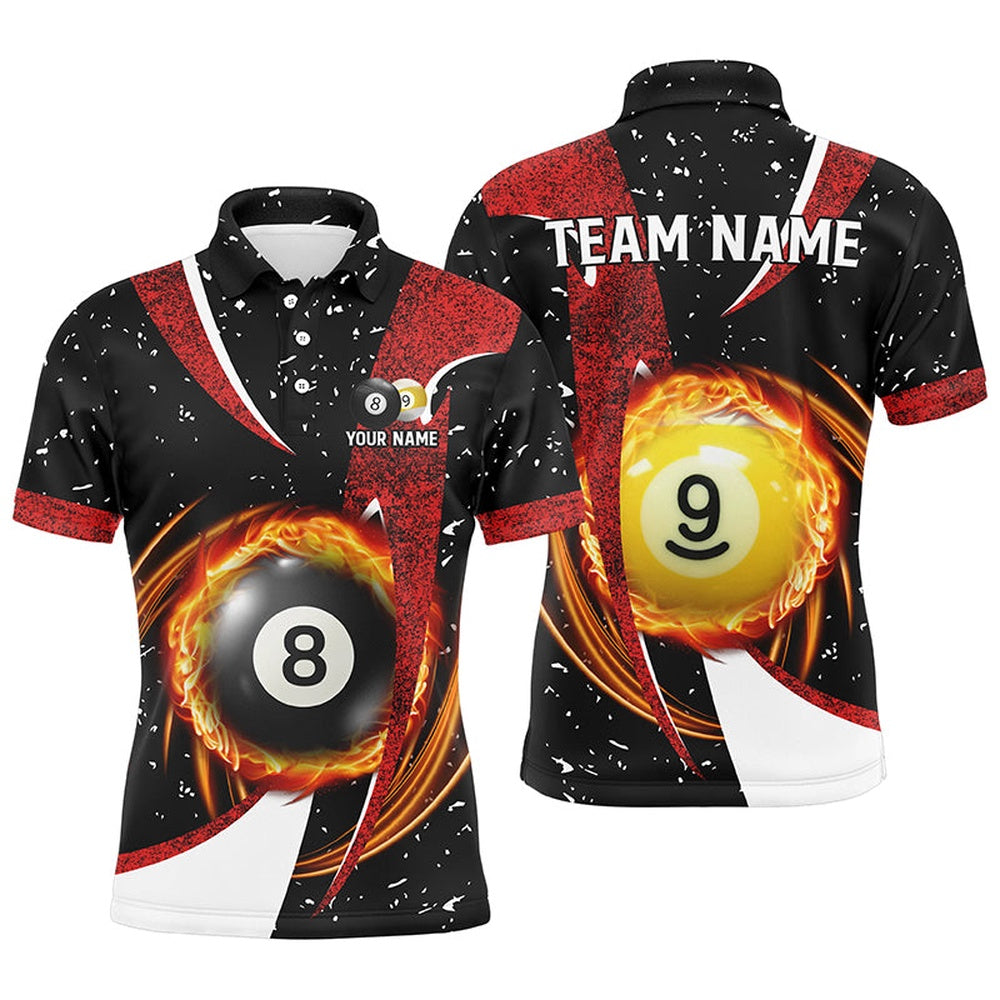 Billiard Polo Shirts, Magic Billiards 8 Ball & 9 Ball Black Red Grunge Polo Shirts Custom Billiard Attire Jersey, Billiards Team Shirts