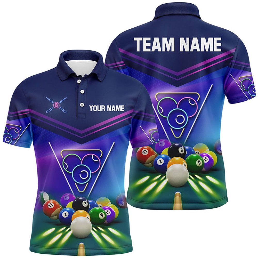 Billiard Polo Shirts, Neon Light Billiard Balls Pool Personalized Name Pool Shirts Custom Billiard Polo Shirt, Billiards Team Shirts