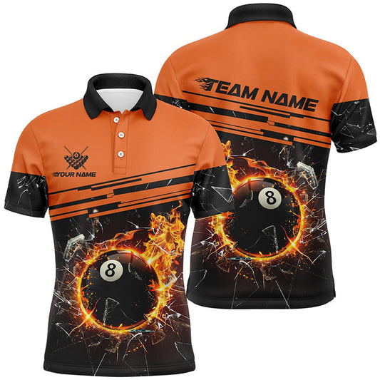 Billiard Polo Shirts, Orange Funny 8 Ball Pool Fire Break Glass Custom Billiard Shirt 3D Printed Billiard Team Jersey, Billiards Team Shirts
