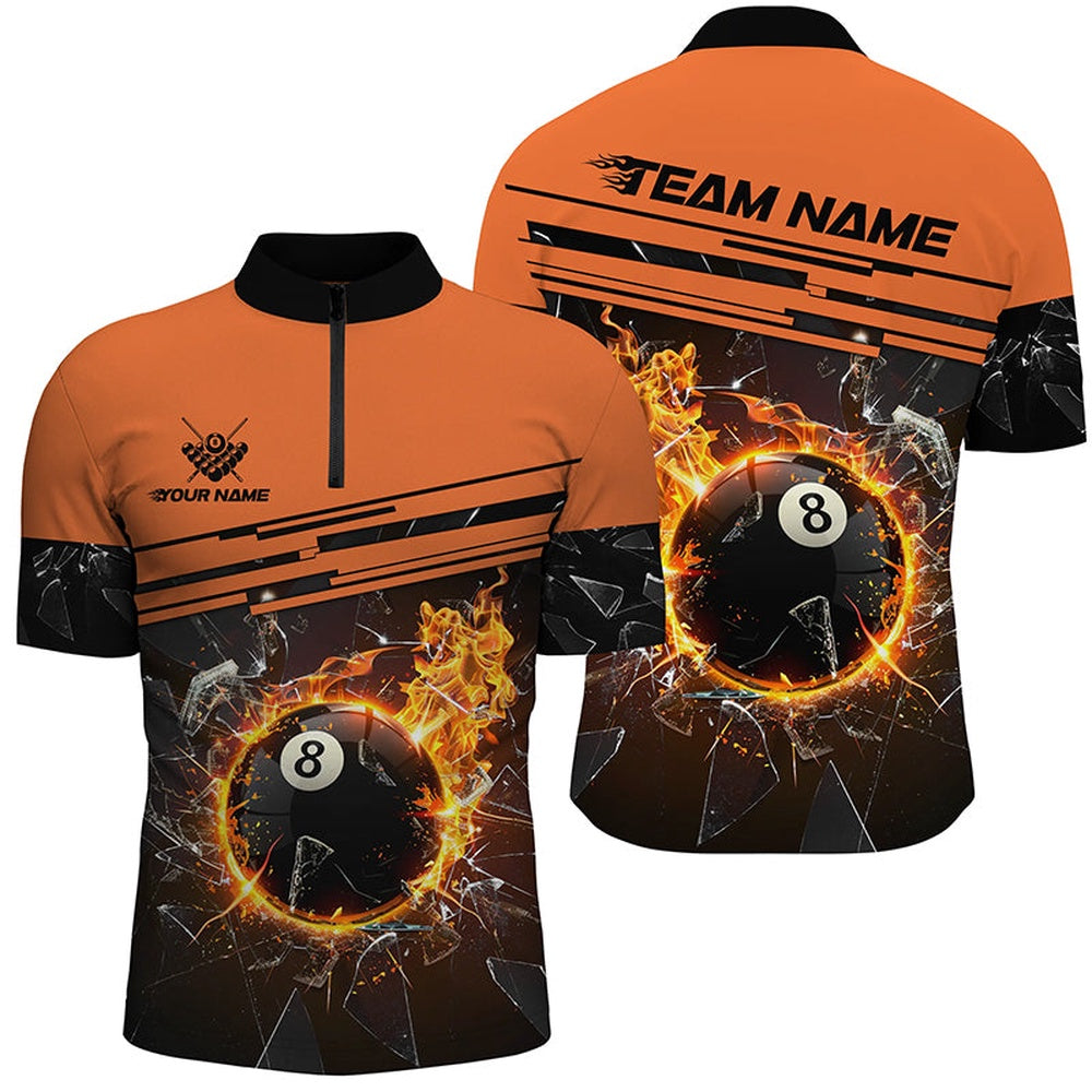 Billiard Polo Shirts, Orange Funny 8 Ball Pool Fire Break Glass Custom Billiard Shirt 3D Printed Billiard Team Jersey, Billiards Team Shirts
