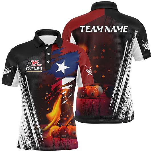 Billiard Polo Shirts, Patriotic Texas Flag Billiard Balls Fire Flame Custom Billiard Polo Shirt, Billiard Team Jersey, Billiards Team Shirts