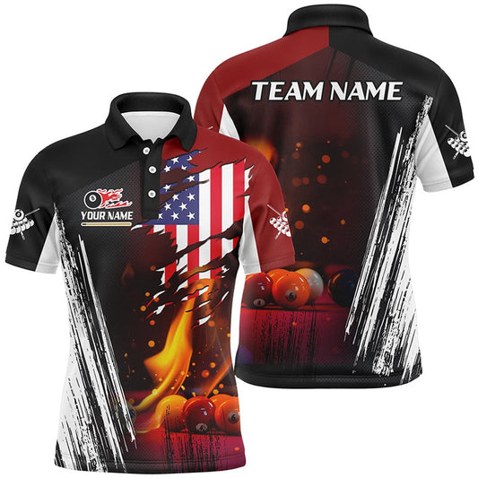 Billiard Polo Shirts, Patriotic Us Flag Billiard Balls Fire Flame Custom Billiard Polo Shirts, Billiard Team Jerseys, Billiards Team Shirts