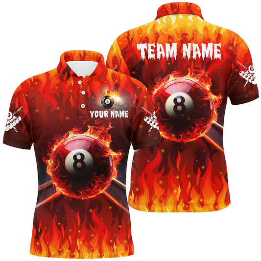 Billiard Polo Shirts, Personalized 3D 8 Ball Pool And Cue Fire Billiard Polo Shirts Custom Billiard Apparel Jerseys, Billiards Team Shirts