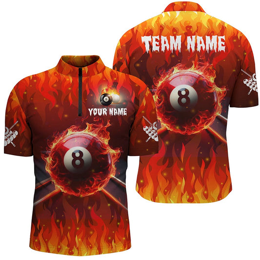 Billiard Polo Shirts, Personalized 3D 8 Ball Pool & Cue Fire Polo Shirts Custom Billiard Apparel, Billiards Team Shirts