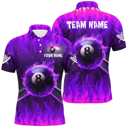 Billiard Polo Shirts, Personalized 3D 8 Ball Pool & Cue Fire Polo Shirts Custom Billiard Apparel Jerseysâ Purple, Billiards Team Shirts
