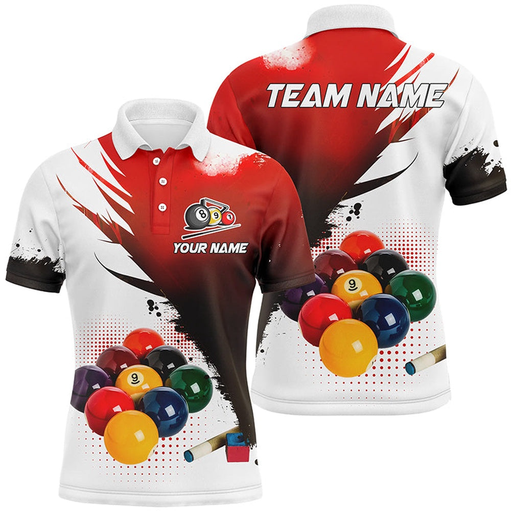 Billiard Polo Shirts, Personalized 3D 9 Ball Pool Billiard Jerseys Polo Shirts, Custom Billiard Team Shirts Red, Billiards Team Shirts