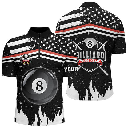 Billiard Polo Shirts, Personalized 3D Billiard 8 Ball Pool Polo Shirts Custom Patriotic Us Flag Billiard Shirts, Billiards Team Shirts