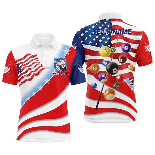 Billiard Polo Shirts, Personalized 3D Billiard Balls American Flag Pool Shirts, Patriotic Billiard Team Jerseys, Billiards Team Shirts