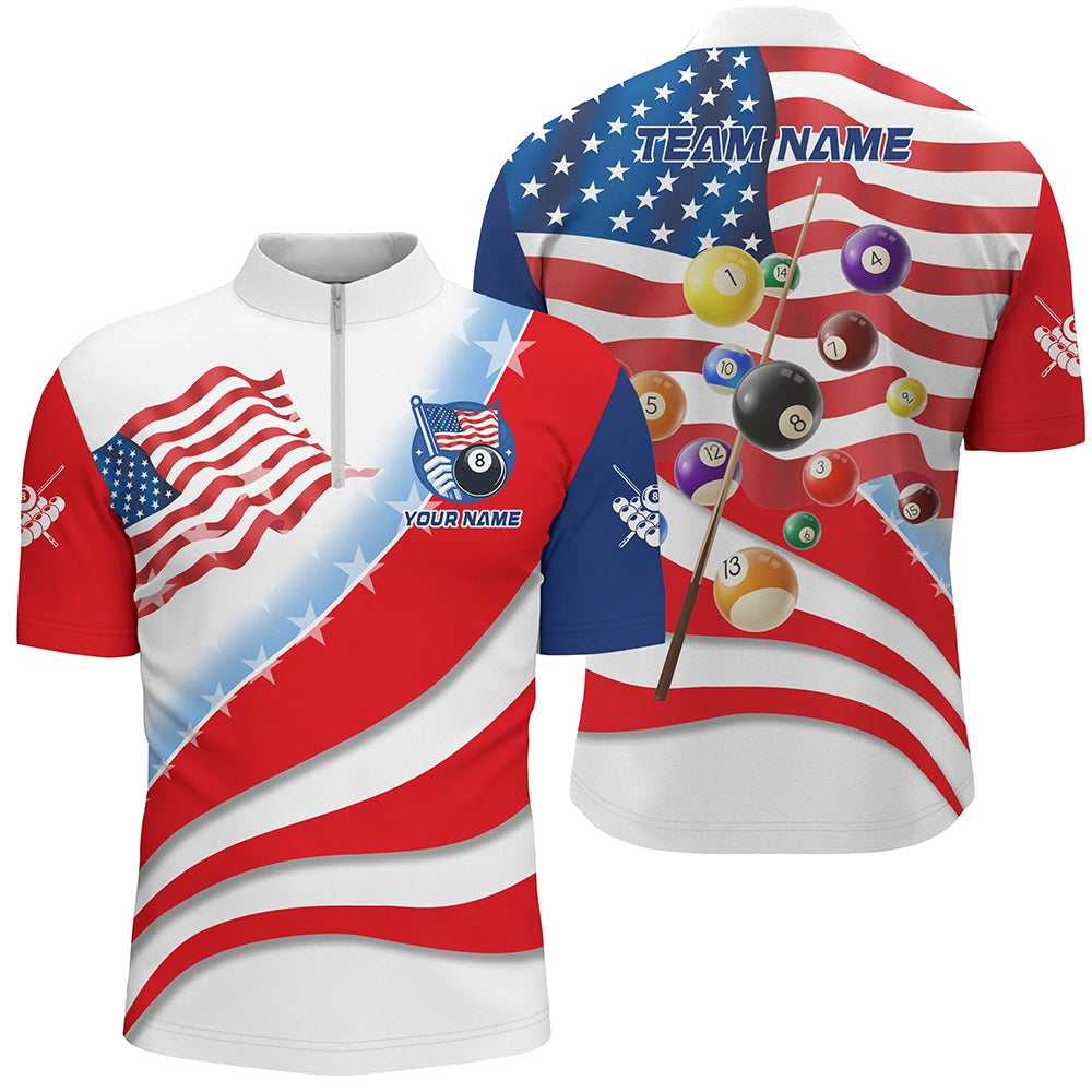 Billiard Polo Shirts, Personalized 3D Billiard Balls American Flag Pool Shirts, Patriotic Billiard Team Jerseys, Billiards Team Shirts