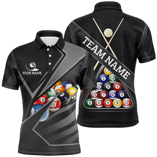 Billiard Polo Shirts, Personalized 3D Billiard Balls Black Polo Shirts, Custom Name 8 Ball Pool Jerseys, Billiards Team Shirts