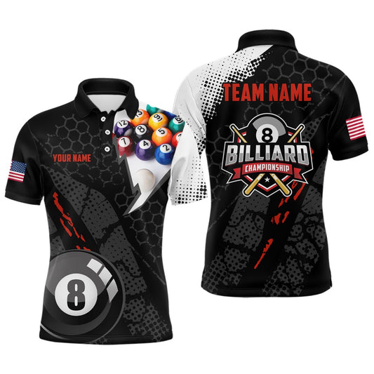 Billiard Polo Shirts, Personalized 3D Billiard Balls Black Polo Shirts, Custom US Flag 8 Ball Billiard Jerseys, Billiards Team Shirts