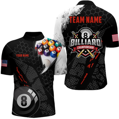 Billiard Polo Shirts, Personalized 3D Billiard Balls Black Polo Shirts, Custom US Flag 8 Ball Billiard Jerseys, Billiards Team Shirts