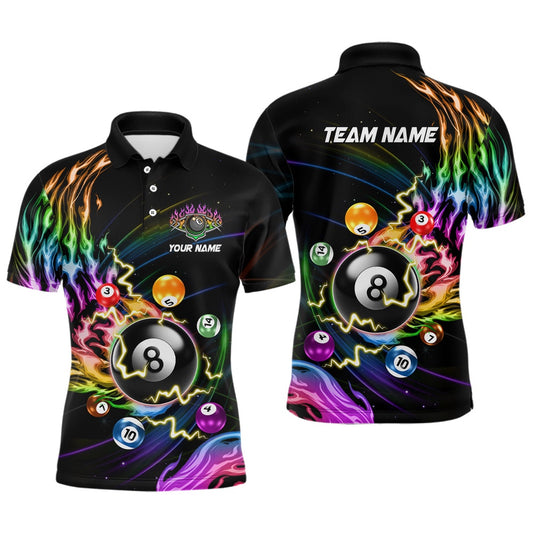 Billiard Polo Shirts, Personalized 3D Billiard Balls Colorful Fire Pool Shirts Custom Lightning Billiard Jerseys, Billiards Team Shirts
