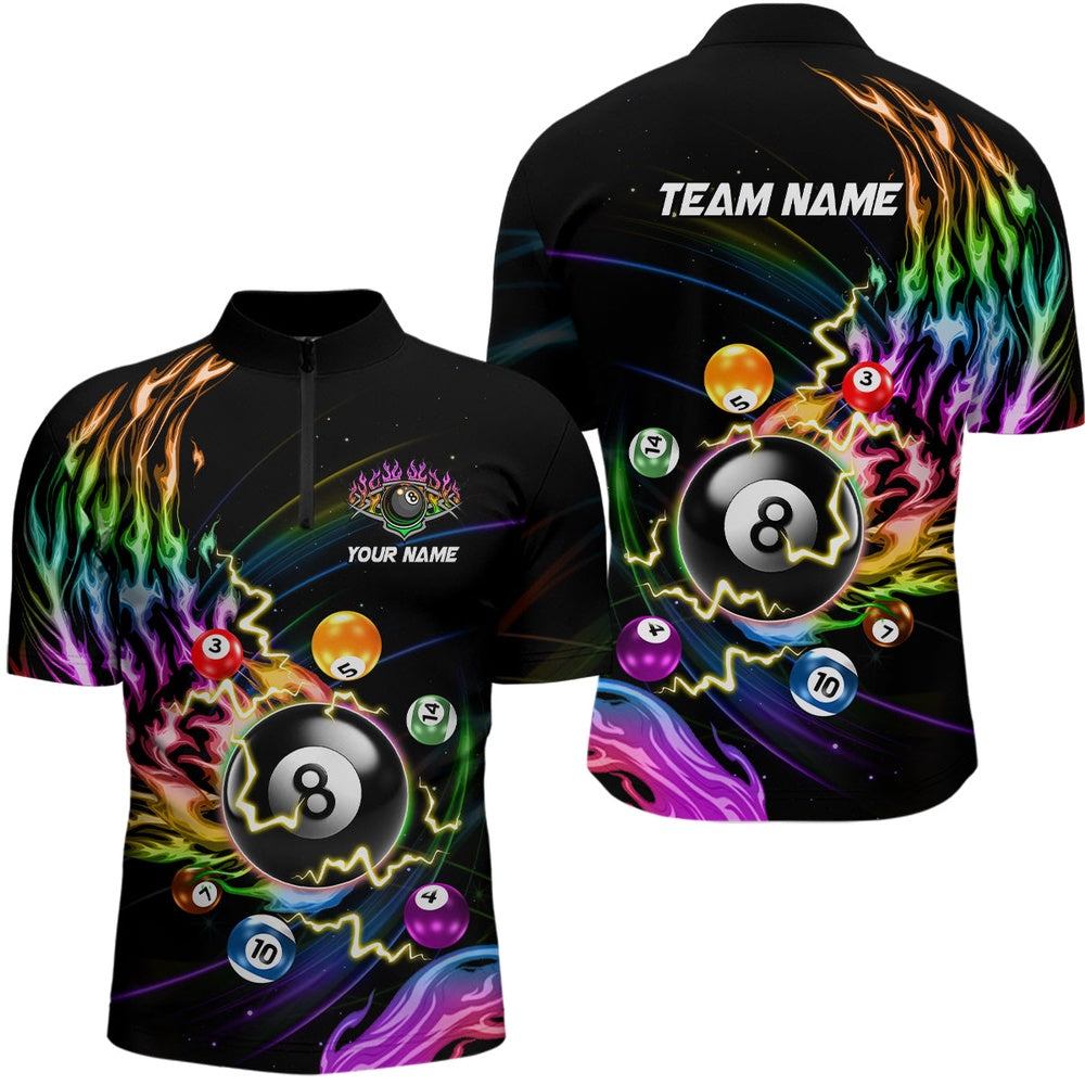 Billiard Polo Shirts, Personalized 3D Billiard Balls Colorful Fire Pool Shirts Custom Lightning Billiard Jerseys, Billiards Team Shirts