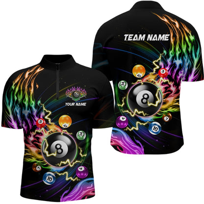 Billiard Polo Shirts, Personalized 3D Billiard Balls Colorful Fire Pool Shirts Custom Lightning Billiard Jerseys, Billiards Team Shirts