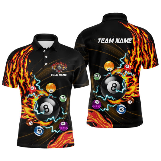 Billiard Polo Shirts, Personalized 3D Billiard Balls Fire Flame Pool Shirts Custom Lightning Billiard Jerseys, Billiards Team Shirts