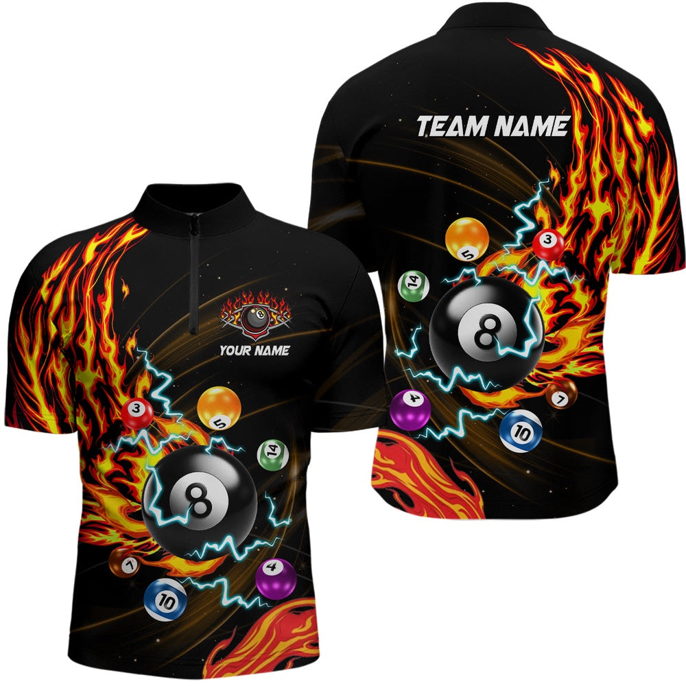 Billiard Polo Shirts, Personalized 3D Billiard Balls Fire Flame Pool Shirts Custom Lightning Billiard Jerseys, Billiards Team Shirts