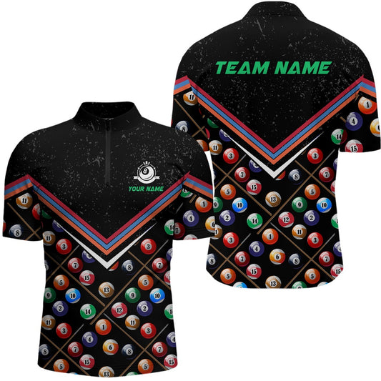 Billiard Polo Shirts, Personalized 3D Billiard Balls Polo Shirts, Custom Black Grunge 8 Ball Pool Shirts, Billiards Team Shirts