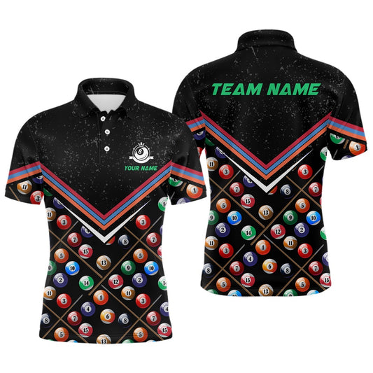 Billiard Polo Shirts, Personalized 3D Billiard Balls Polo Shirts, Custom Black Grunge 8 Ball Pool Team Shirts, Billiards Team Shirts