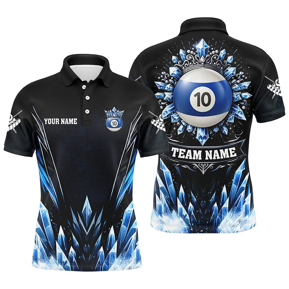 Billiard Polo Shirts, Personalized 3D Blue Icy Funny 10 Ball Pool Crown Billiard Polo Shirts Custom Billiard Jerseys, Billiards Team Shirts