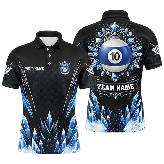 Billiard Polo Shirts, Personalized 3D Blue Icy Funny 10 Ball Pool Crown Billiard Polo Shirts Custom Billiard Jerseys, Billiards Team Shirts