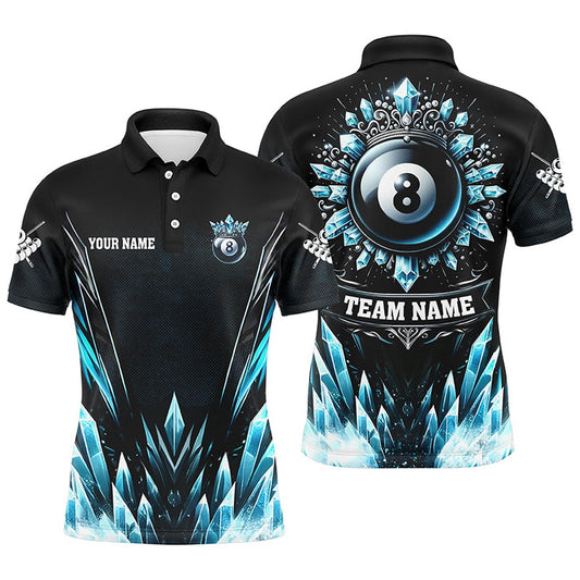 Billiard Polo Shirts, Personalized 3D Blue Icy Funny 8 Ball Pool Crown Billiard Polo Shirts Custom Billiard Jerseys, Billiards Team Shirts