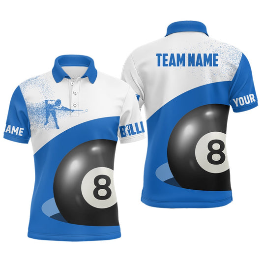 Billiard Polo Shirts, Personalized 3D Funny Billiard 8 Ball Pool Blue Polo Shirts, Custom Player Billiards Jerseys, Billiards Team Shirts