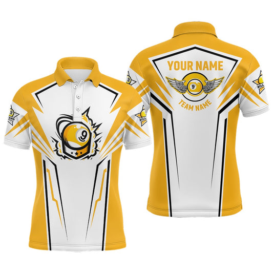 Billiard Polo Shirts, Personalized 3D Funny Billiard 9 Ball Polo Shirts, Custom White Yellow 9 Ball Pool Jerseys, Billiards Team Shirts