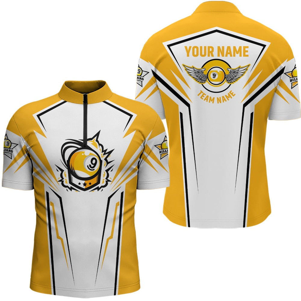 Billiard Polo Shirts, Personalized 3D Funny Billiard 9 Ball Polo Shirts, Custom White Yellow 9 Ball Pool Jerseys, Billiards Team Shirts