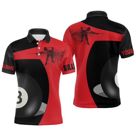 Billiard Polo Shirts, Personalized 3D Funny Billiard Player 8 Ball Pool Red Black Polo Shirts, Billiards Team Shirts
