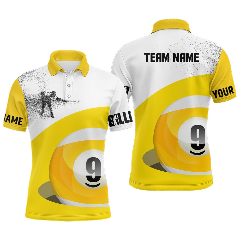 Billiard Polo Shirts, Personalized 3D Funny Billiard Player Polo Shirts, Yellow Custom 9 Ball Pool Jerseys, Billiards Team Shirts