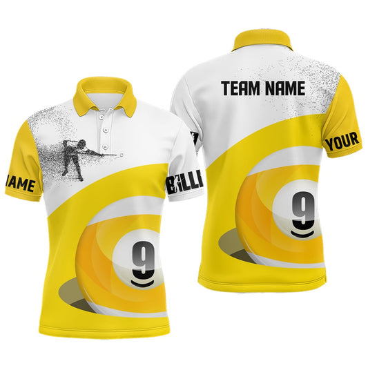 Billiard Polo Shirts, Personalized 3D Funny Billiard Player Polo Shirts, Yellow Custom 9 Ball Pool Jerseys, Billiards Team Shirts
