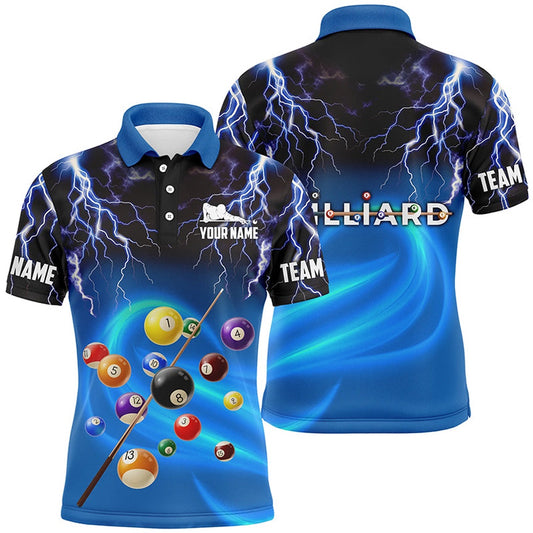 Billiard Polo Shirts, Personalized 3D Thunder Lightning Blue Billiard Balls Polo Shirts, Custom Billiards Shirts, Billiards Team Shirts