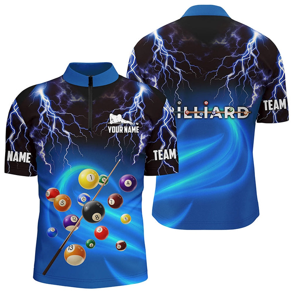 Billiard Polo Shirts, Personalized 3D Thunder Lightning Blue Billiard Balls Polo Shirts, Custom Billiards Shirts, Billiards Team Shirts