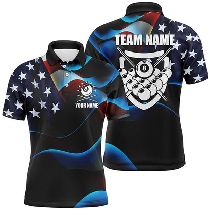Billiard Polo Shirts, Personalized 3D US Flag 8 Ball Pool Polo Shirts, Custom Name Billiard 8 Ball Team Jerseys, Billiards Team Shirts