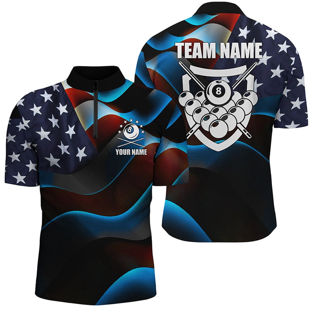 Billiard Polo Shirts, Personalized 3D US Flag 8 Ball Pool Polo Shirts, Custom Name Billiard 8 Ball Team Jerseys, Billiards Team Shirts