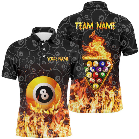 Billiard Polo Shirts, Personalized 3D Yellow Flame 8 Ball Pool Polo Shirts, Custom Fire Billiard Balls Jerseys, Billiards Team Shirts