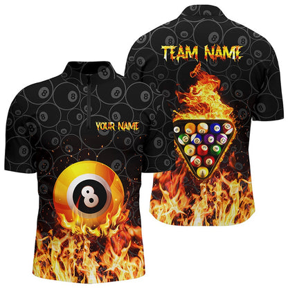 Billiard Polo Shirts, Personalized 3D Yellow Flame 8 Ball Pool Polo Shirts, Custom Fire Billiard Balls Jerseys, Billiards Team Shirts
