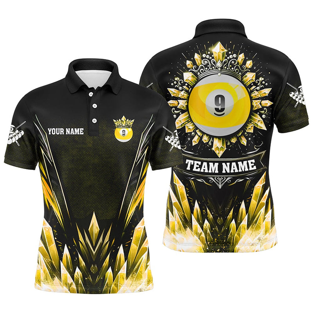 Billiard Polo Shirts, Personalized 3D Yellow Icy Funny 9 Ball Pool Crown Billiard Polo Shirts Custom Billiard Jerseys, Billiards Team Shirts