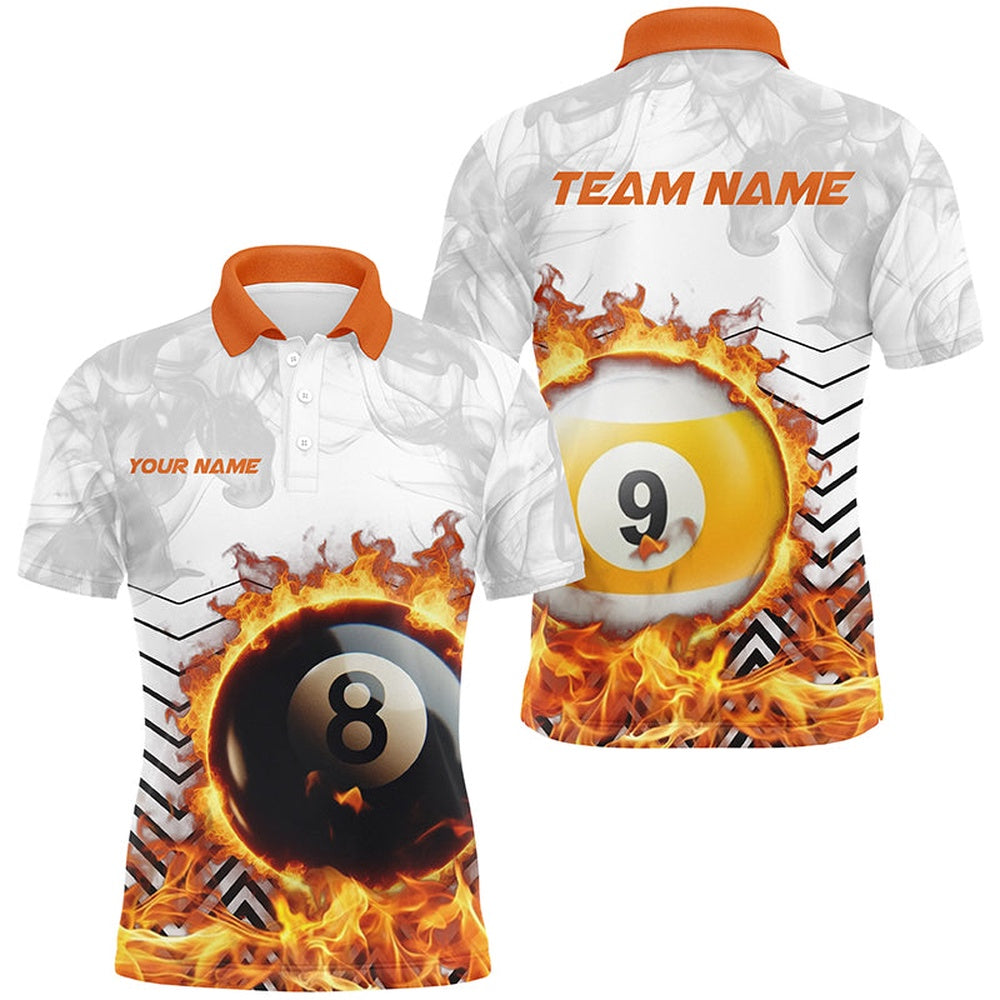 Billiard Polo Shirts, Personalized 8 Ball & 9 Ball Fire Flame Smoke Billiard Shirts, Billiard Apparel For Team, Billiards Team Shirts