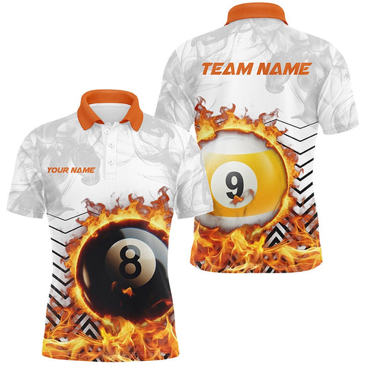 Billiard Polo Shirts, Personalized 8 Ball & 9 Ball Fire Flame Smoke Billiard Shirts, Billiard Apparel For Team, Billiards Team Shirts