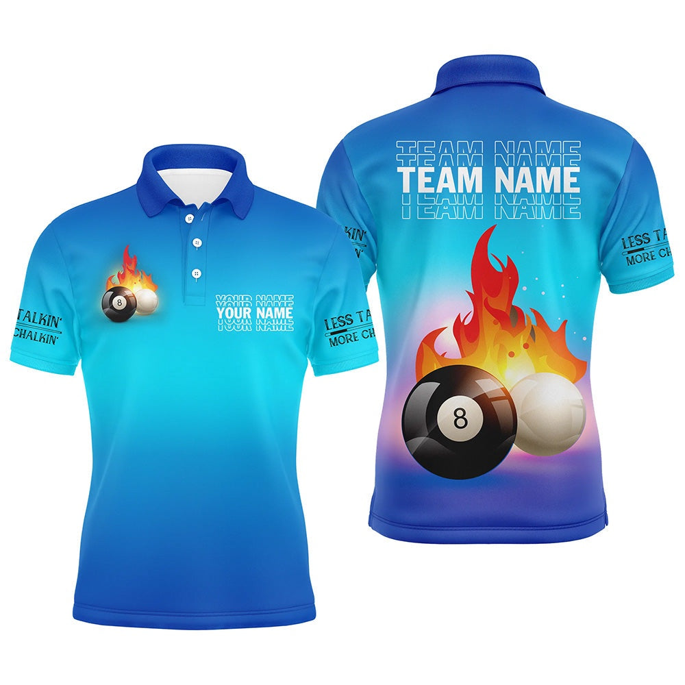 Billiard Polo Shirts, Personalized 8 Ball And Cue Ball Pool Blue 3D Polo Shirts, Custom Name Billiard Jerseys, Billiards Team Shirts