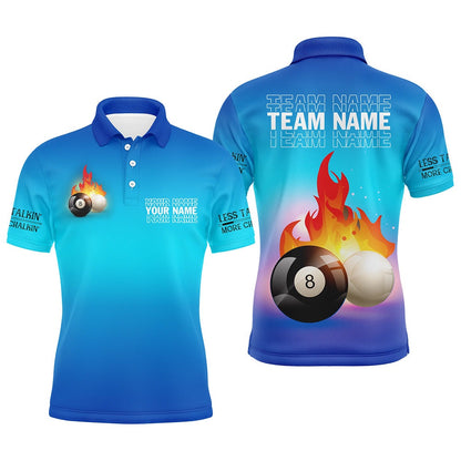 Billiard Polo Shirts, Personalized 8 Ball And Cue Ball Pool Blue 3D Polo Shirts, Custom Name Billiard Jerseys, Billiards Team Shirts