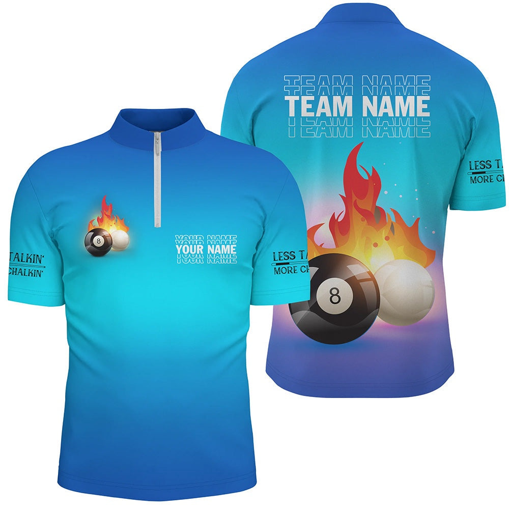 Billiard Polo Shirts, Personalized 8 Ball And Cue Ball Pool Blue 3D Polo Shirts, Custom Name Billiard Jerseys, Billiards Team Shirts