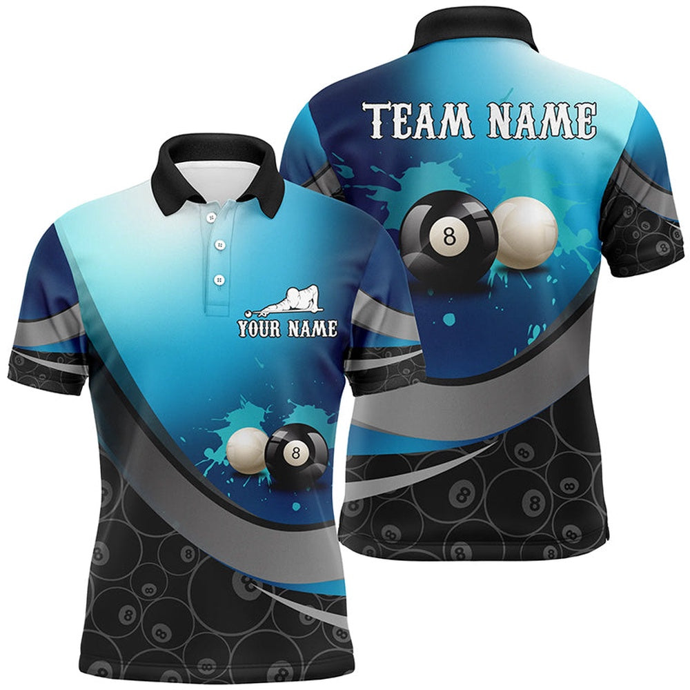 Billiard Polo Shirts, Personalized 8 Ball And Cue Ball Pool Blue 3D Polo Shirts, Custom Name Billiards Jerseys, Billiards Team Shirts