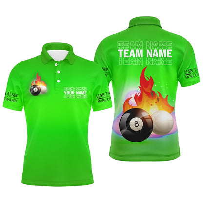 Billiard Polo Shirts, Personalized 8 Ball And Cue Ball Pool Green 3D Polo Shirts, Custom Name Billiard Jerseys, Billiards Team Shirts