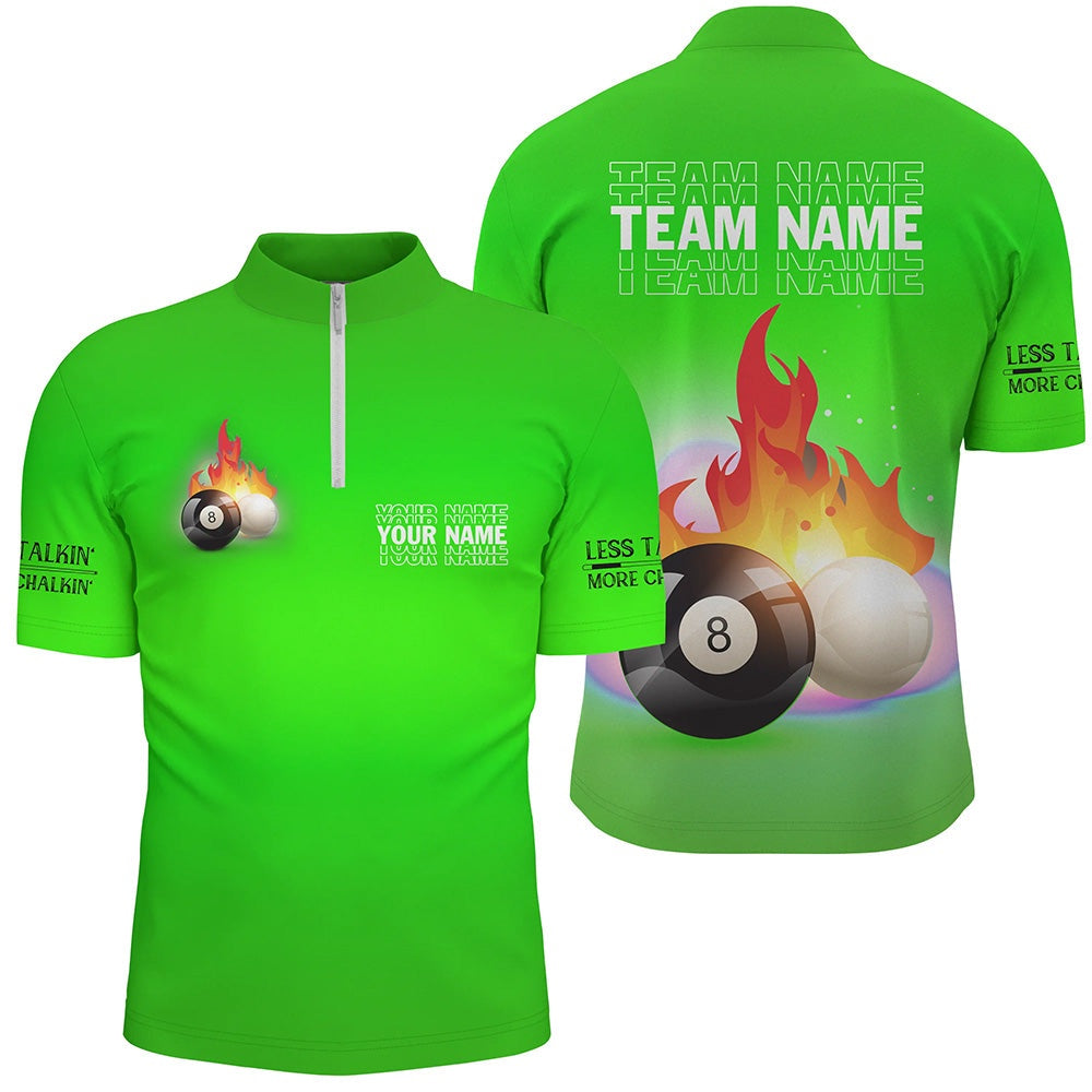 Billiard Polo Shirts, Personalized 8 Ball And Cue Ball Pool Green 3D Polo Shirts, Custom Name Billiard Jerseys, Billiards Team Shirts