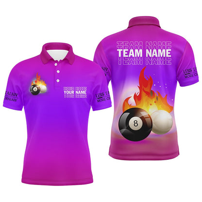 Billiard Polo Shirts, Personalized 8 Ball And Cue Ball Pool Purple 3D Polo Shirts, Custom Name Billiard Jerseys, Billiards Team Shirts